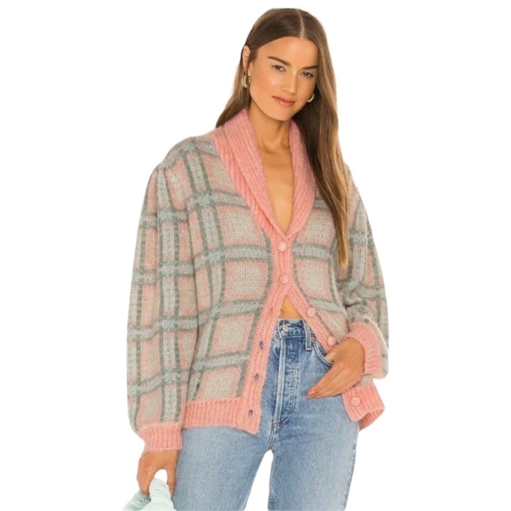 LoveShackFancy Jeeves Magnolia Pink Plaid Wool and Mohair Long Sleeve Cardigan - Picture 2 of 13